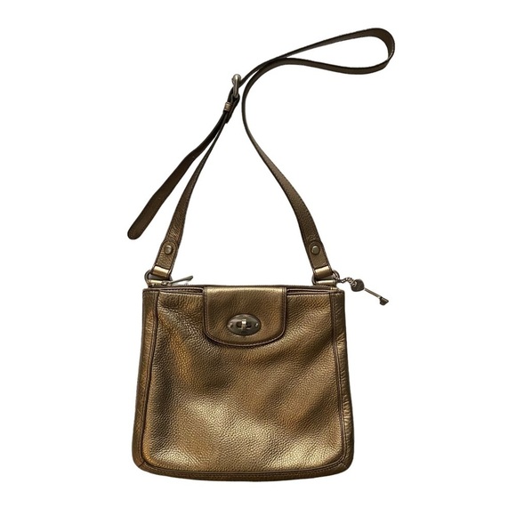 FOSSIL Champagne Gold Leather Zip Top Turn Lock Adjustable Strap Crossbody Bag - Picture 1 of 5